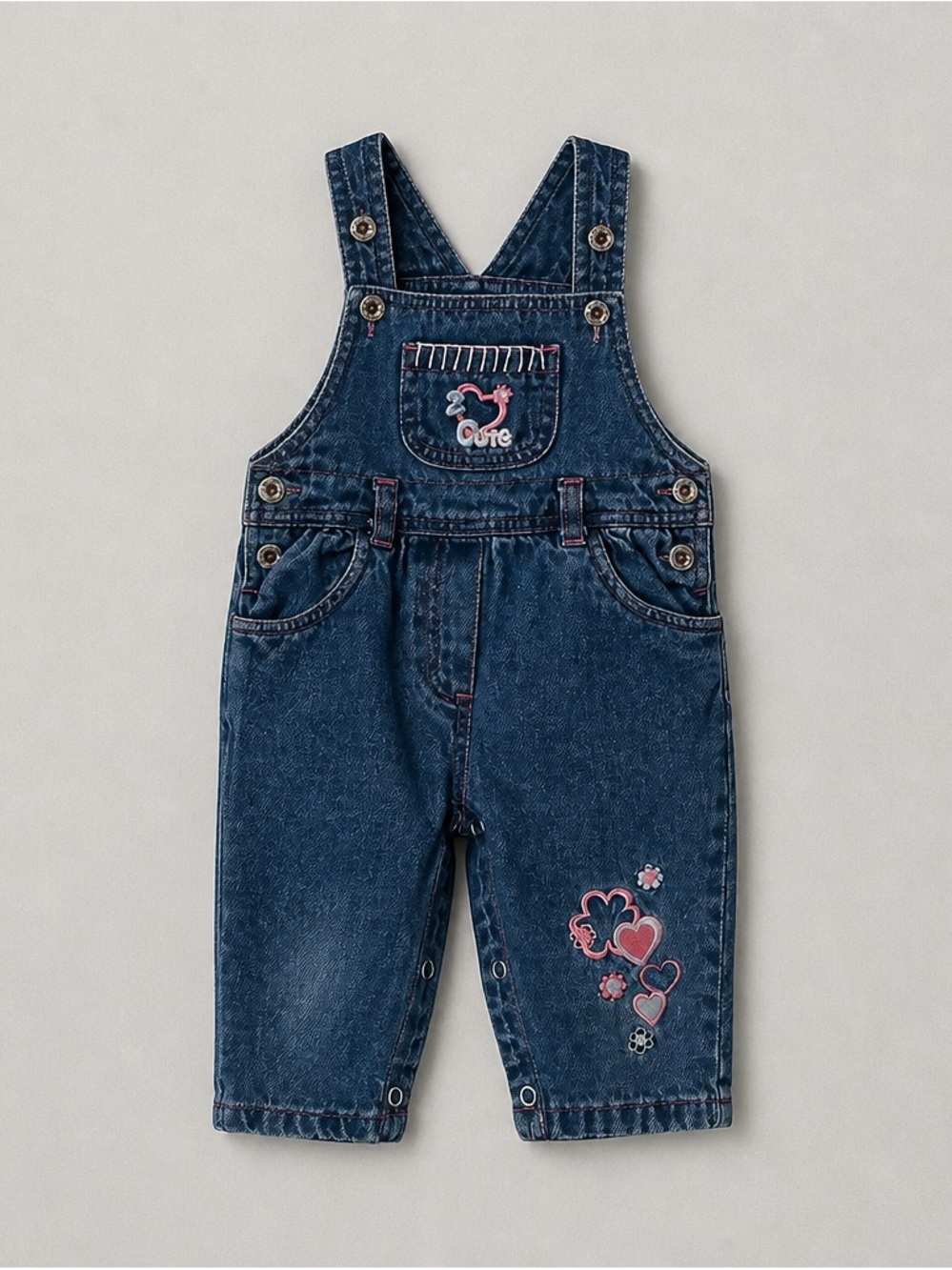 Kids Dark Blue Denim Overalls with Pink Heart Embroidery 12 months Cotton